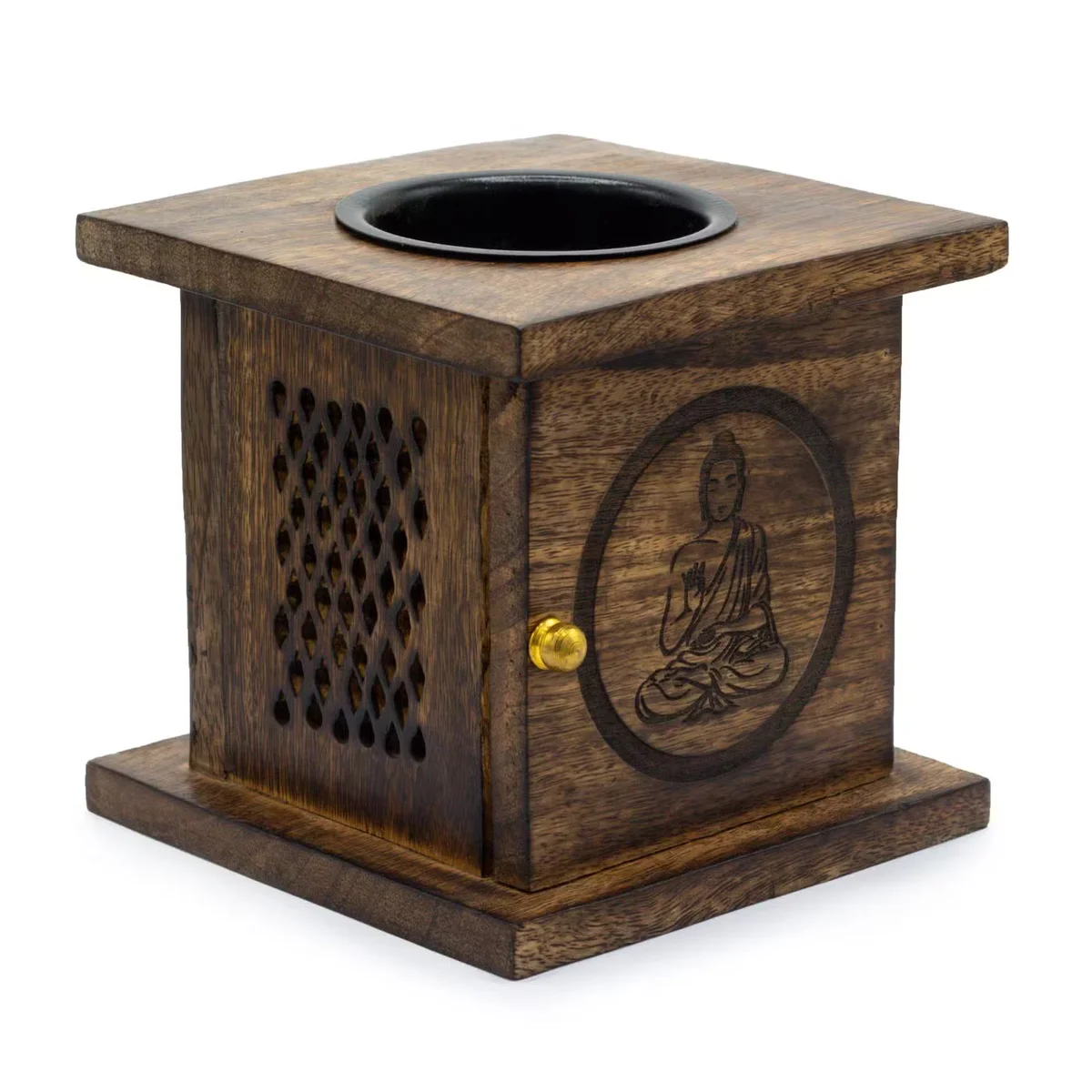 Large Buddha-shaped mango wood home fragrance burner with carved details on a white background, position 3 view