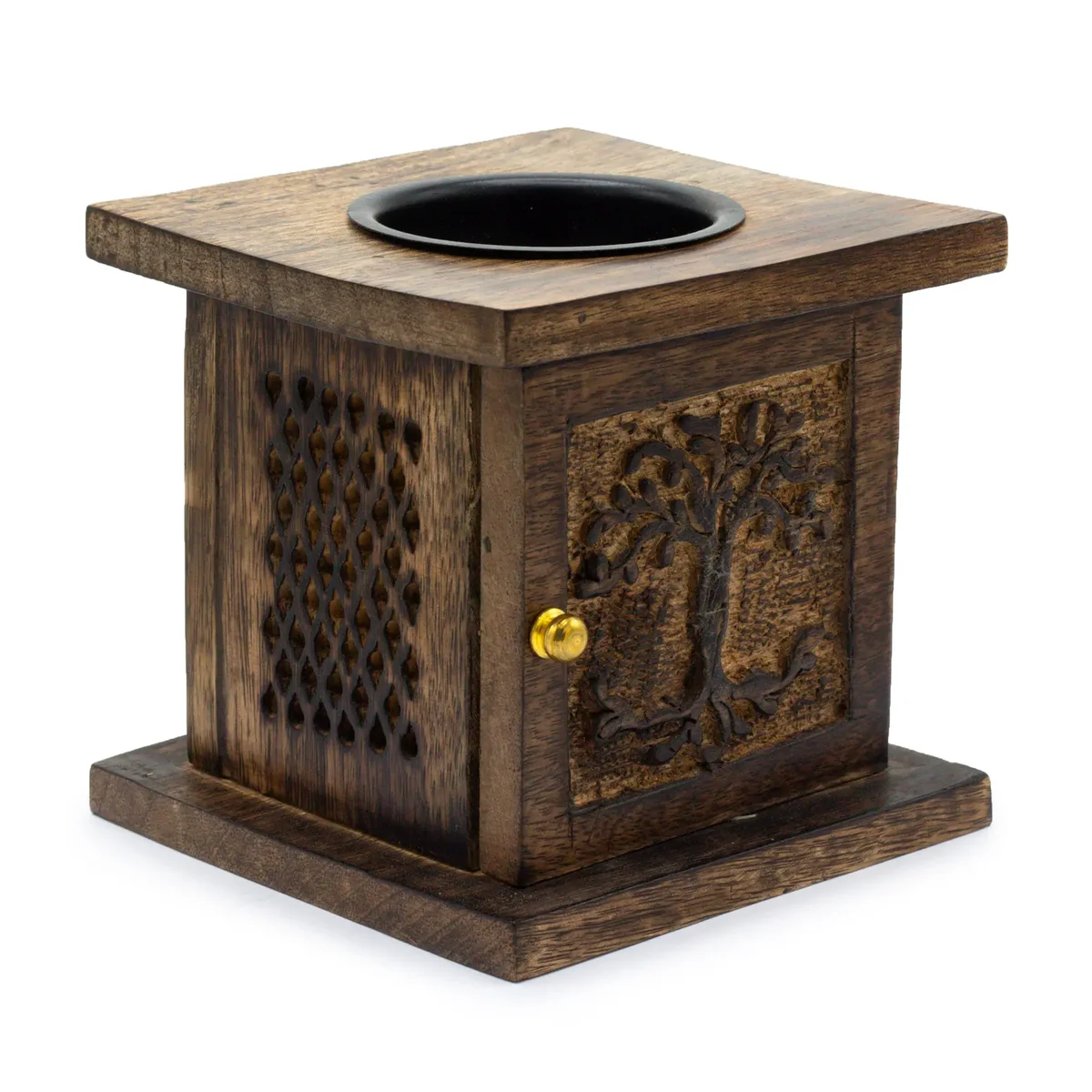 Large mango wood box burner featuring a carved tree of life design, suitable for home decor and incense burning
