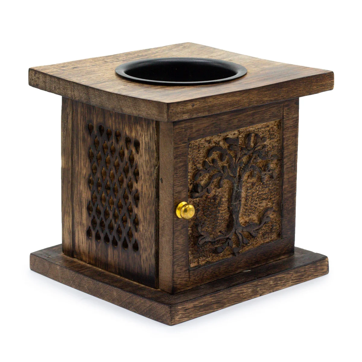 Large mango wood decorative box burner featuring intricate Tree of Life design, shown on a plain background, side view.