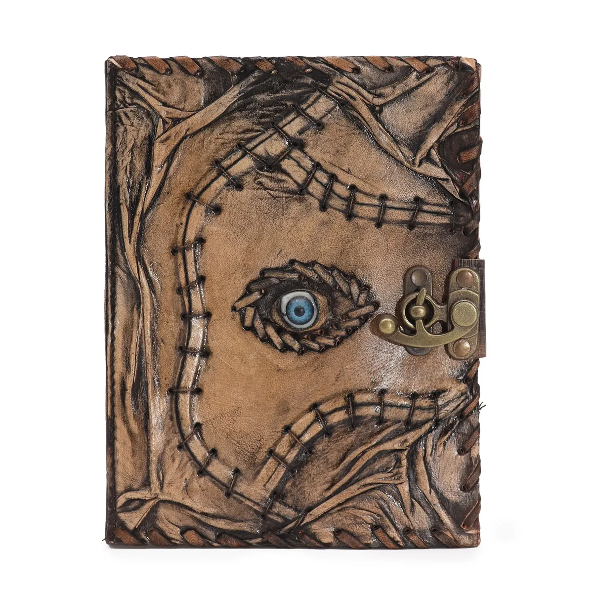 Brown tan book with evil eye design on cover, showing 160 deckle edge pages, size 20x15cm