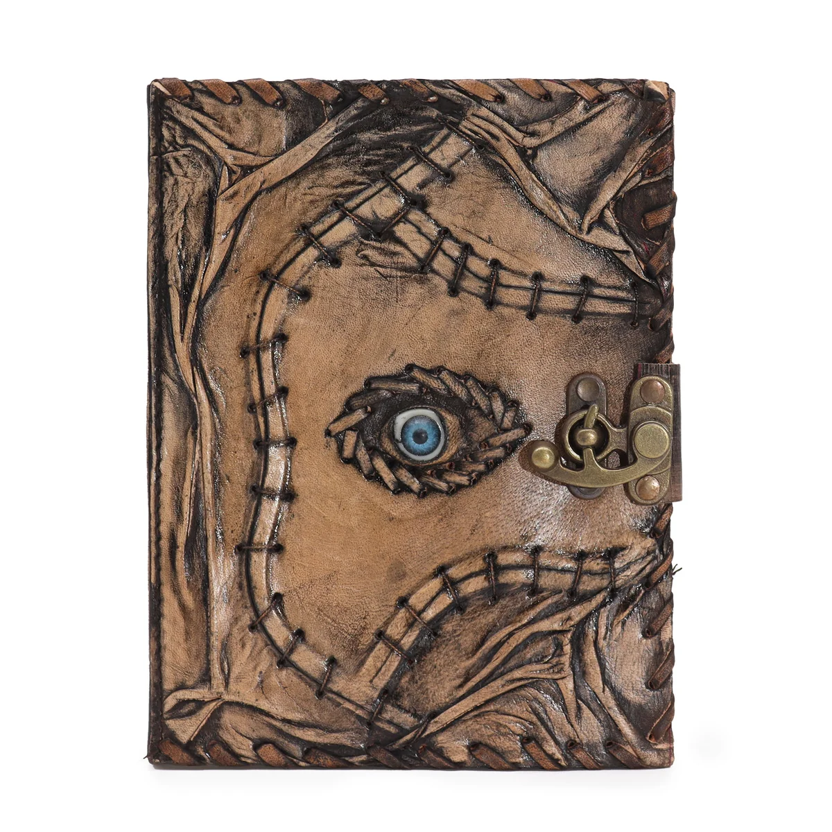 Brown tan book with evil eye decor on cover, 160 deckle edges pages, measuring 20x15cm, closed on white background