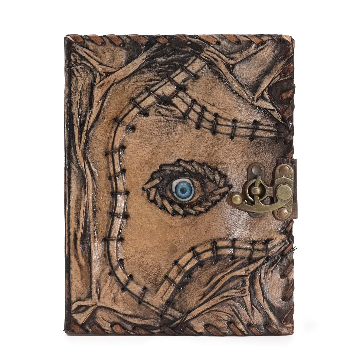 Brown tan 160 pages notebook with deckle edges and evil eye decor, size 20x15cm, closed on white background