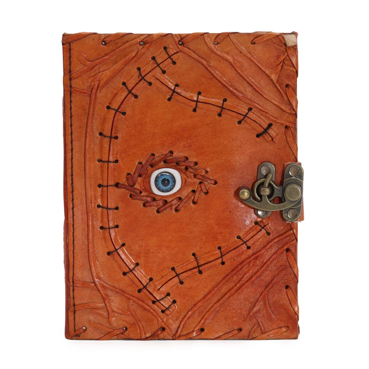 Light brown tan notebook with evil eye decor and 160 deckle-edged pages, 20x15cm size on white background