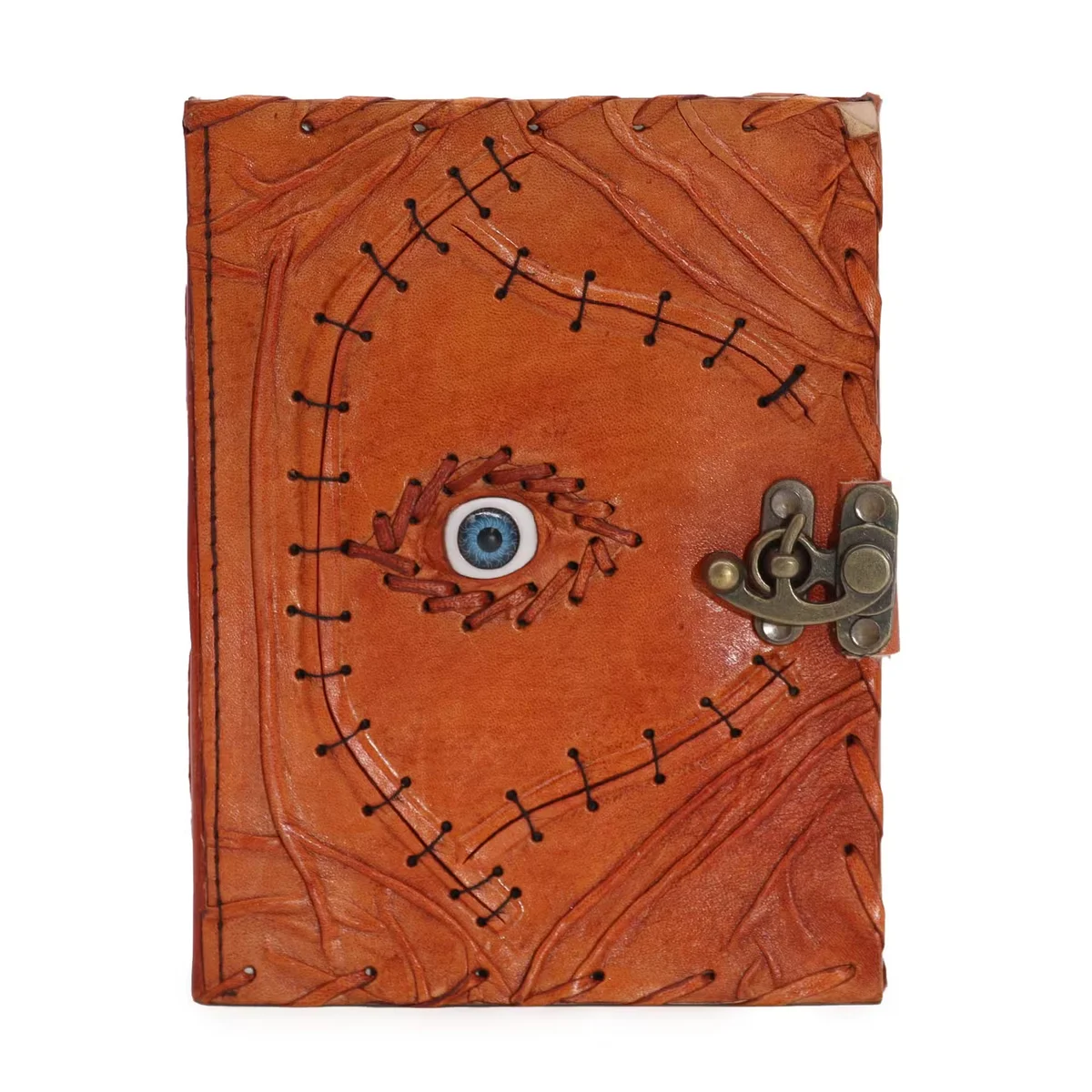 Light brown tan evil eye decor notebook with 160 deckle edge pages, measuring 20x15cm, closed on white background