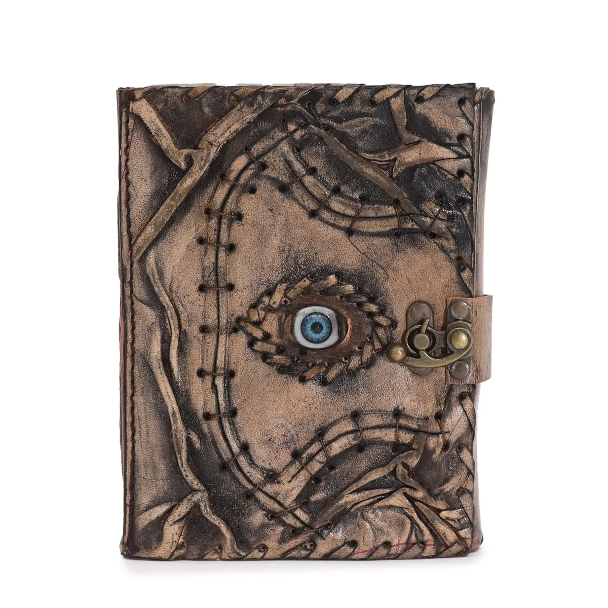Brown tan deckle edge notebook with evil eye decor, 160 pages, measuring 17 by 12.5 cm on white background
