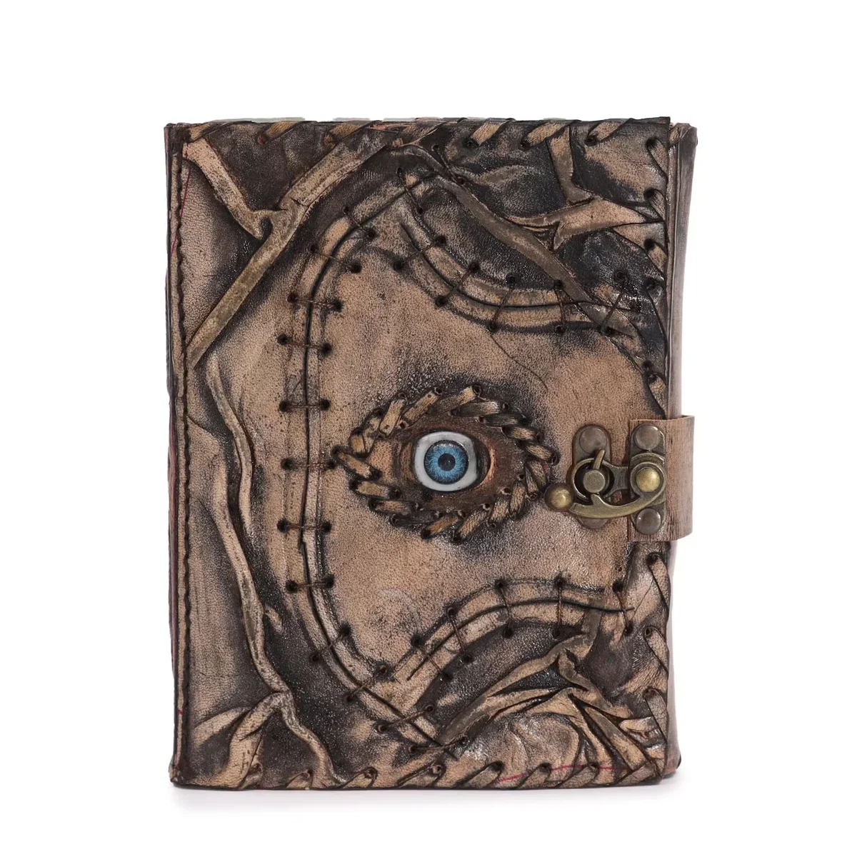 Brown tan 160 pages notebook with deckle edges and evil eye decor, measuring 17 by 12.5 cm, closed on white background