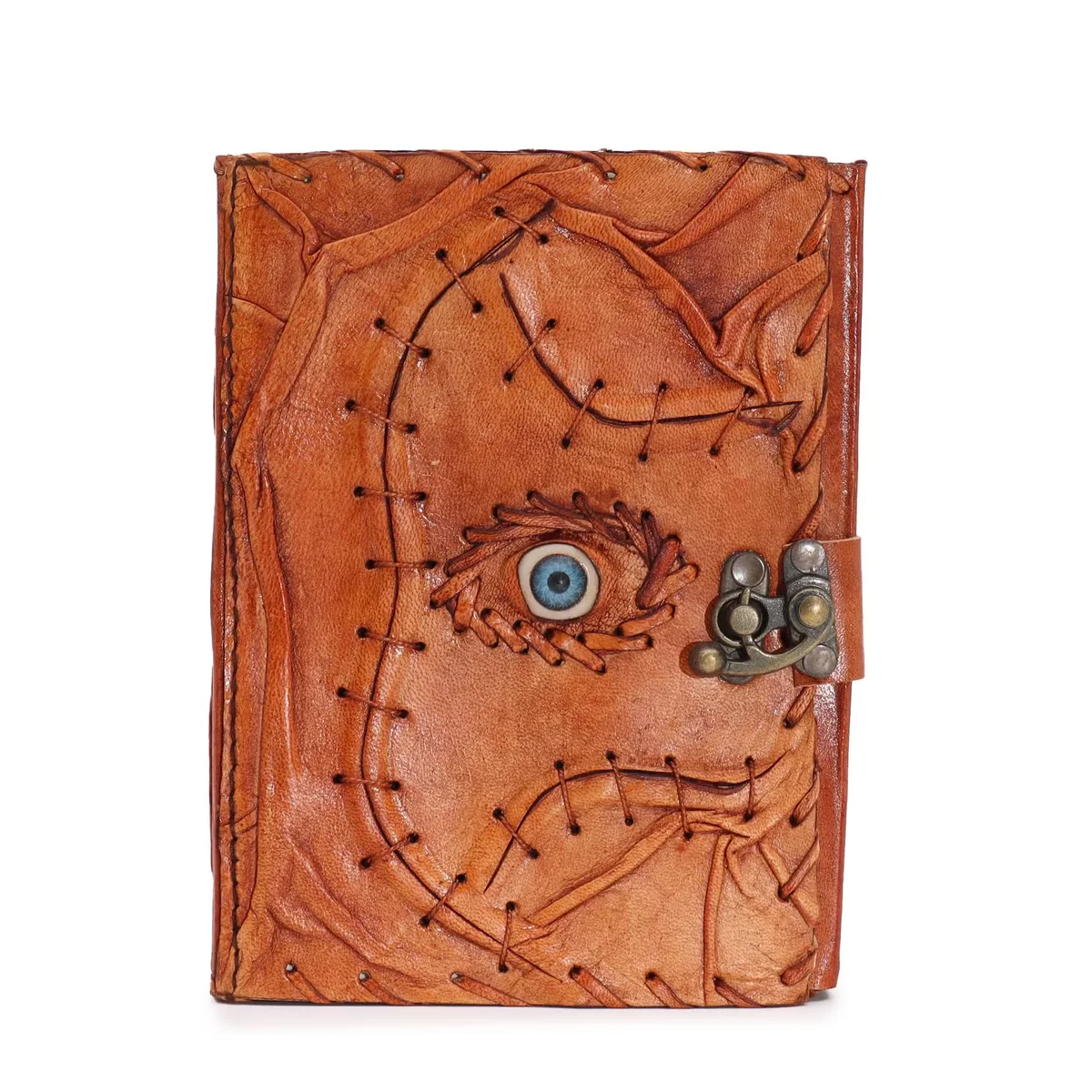 Light brown notebook with tan cover, evil eye decoration, and 160 deckle-edged pages, 17x12.5cm size