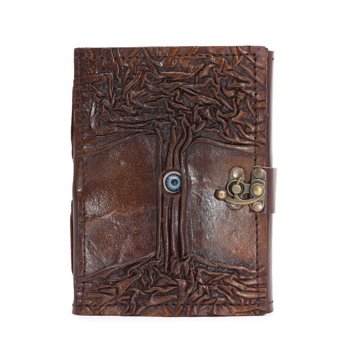 Black tan evil eye notebook with 160 deckle edge pages, measuring 17 by 12.5 cm on white background