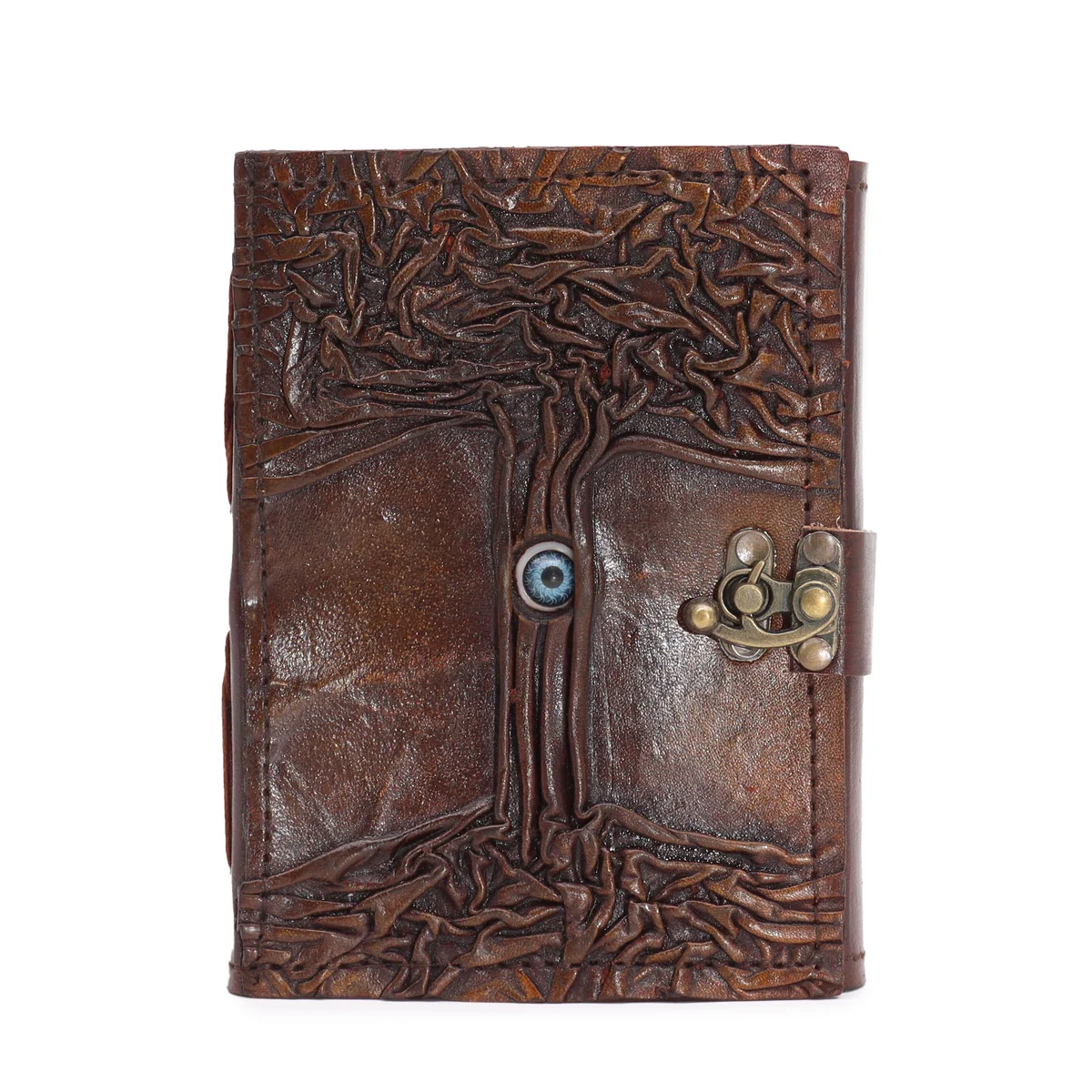 Decorative black tan book with evil eye design, 160 deckle edge pages, measuring 17x12.5cm on white background
