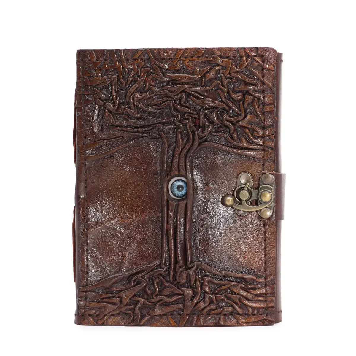 Black tan 160 page notebook with deckle edges and evil eye decor, measuring 17x12.5cm, closed on white background