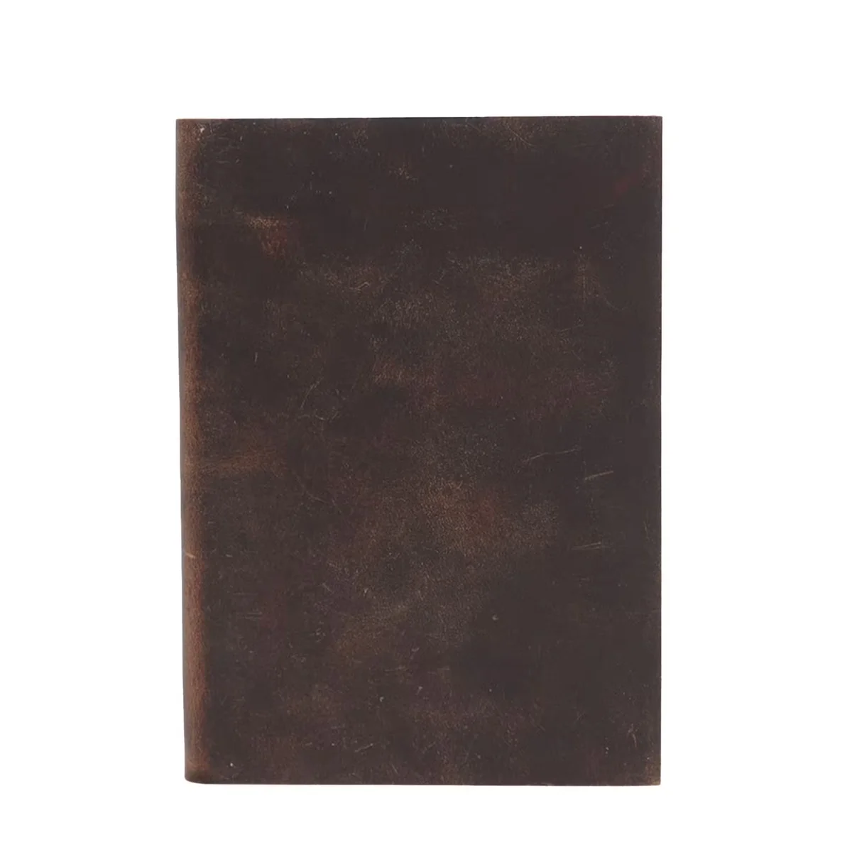 Black and tan 18x13cm notebook open to lined pages, showing neat handwriting on white paper