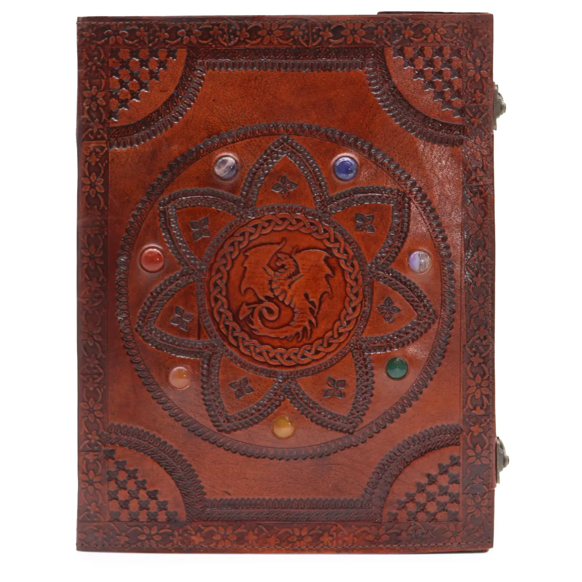 Large chakra stones notebook featuring a dragon mandala cover, 100 pages, measuring 25x34cm