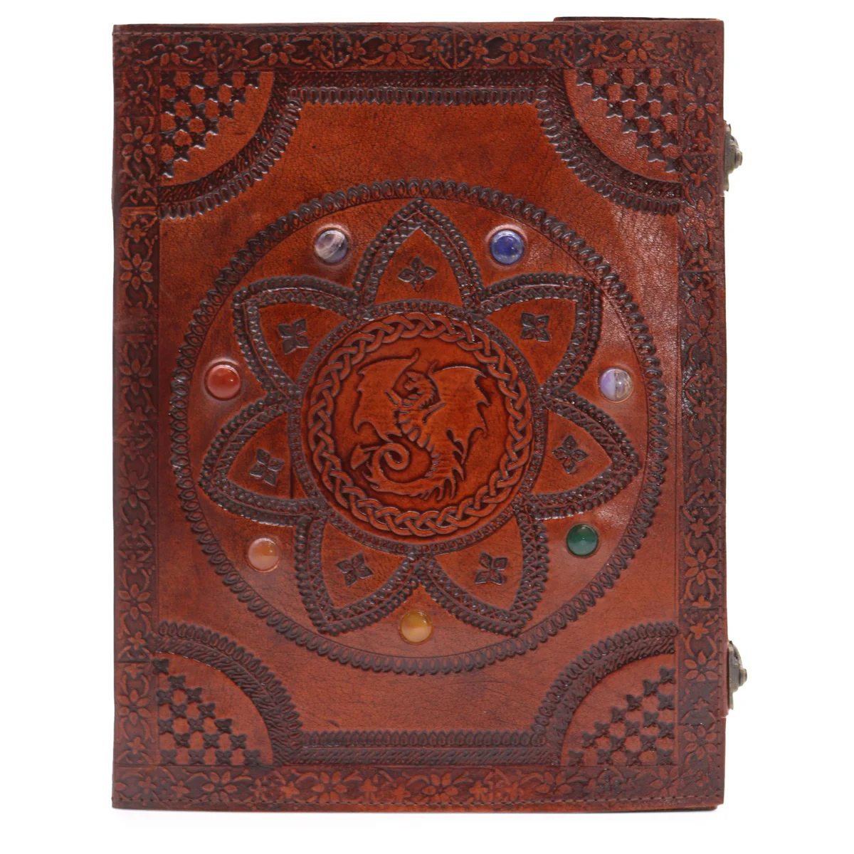 Open huge tomb book showing dragon mandala journal design with chakra stones on large 25x34cm pages