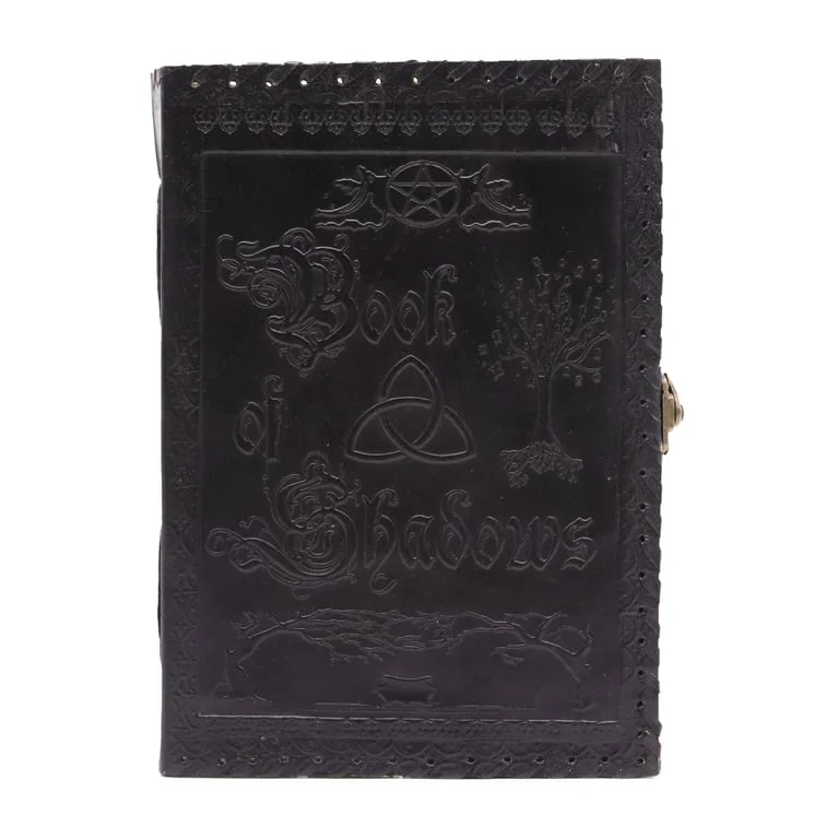 Black book of shadows, 200 pages, large 25×18×3cm cover, displayed flat on surface