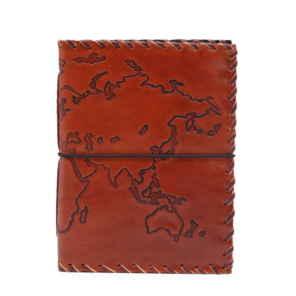 Light tan travel notebook 96 pages with wrap, closed, showing smooth cover and compact 17x13cm size on white background