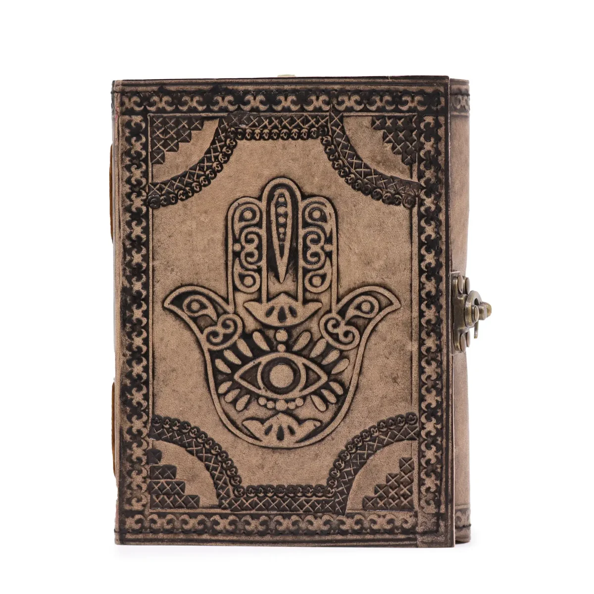 Antique grey notebook with Hamsa design, stitched edge, 200 pages, 17.5x12.5x3cm size