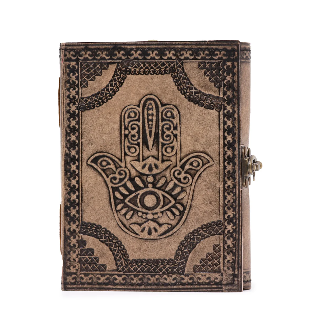 Antique grey stitched edge notebook with Hamsa design, 200 pages, 17.5x12.5x3cm, esoteric style