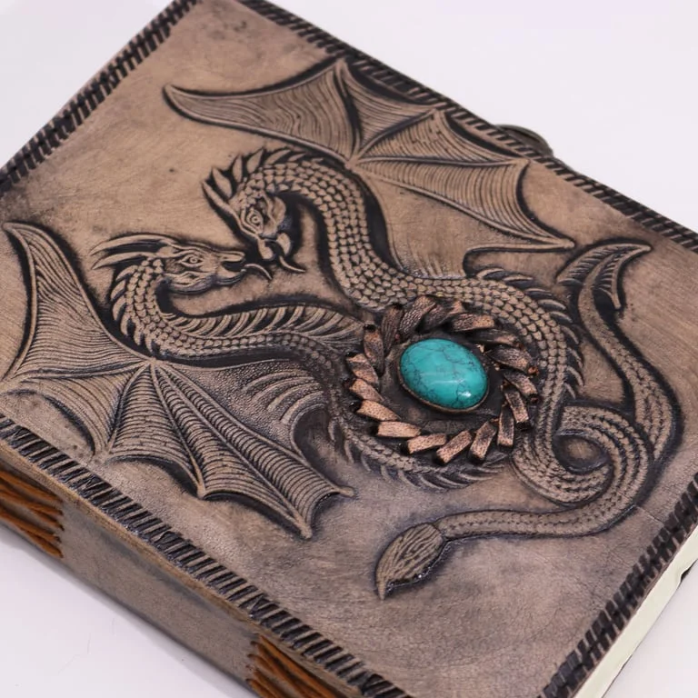 Two Dragons esoteric notebook with antique grey cover, 200 pages, 17.5x12.5x3cm, featuring a stitched edge.