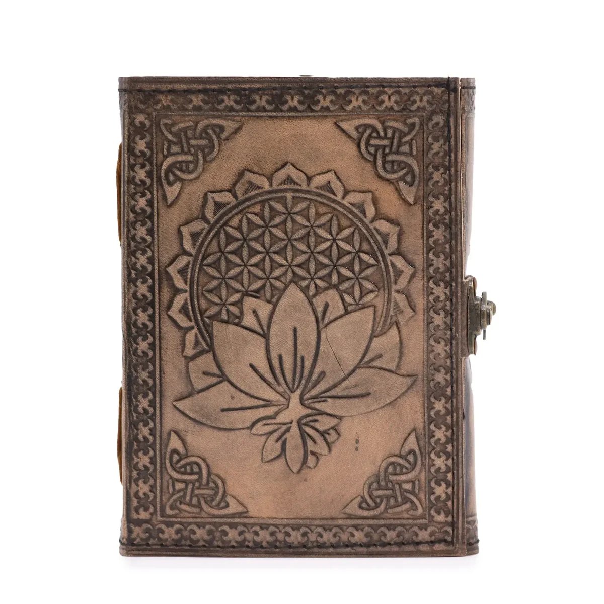 Antique grey lotus mandala notebook with stitched edge, 200 pages, closed, 17.5x12.5x3cm size visible