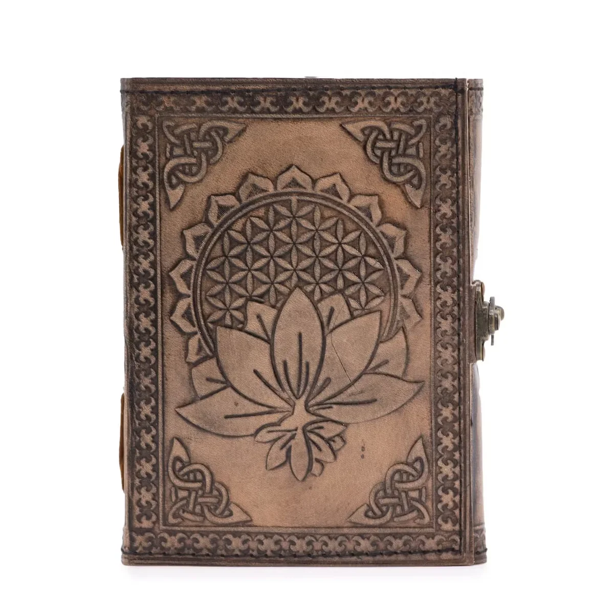 Antique grey notebook with lotus mandala design, stitched edge, 200 pages, measuring 17.5x12.5x3cm