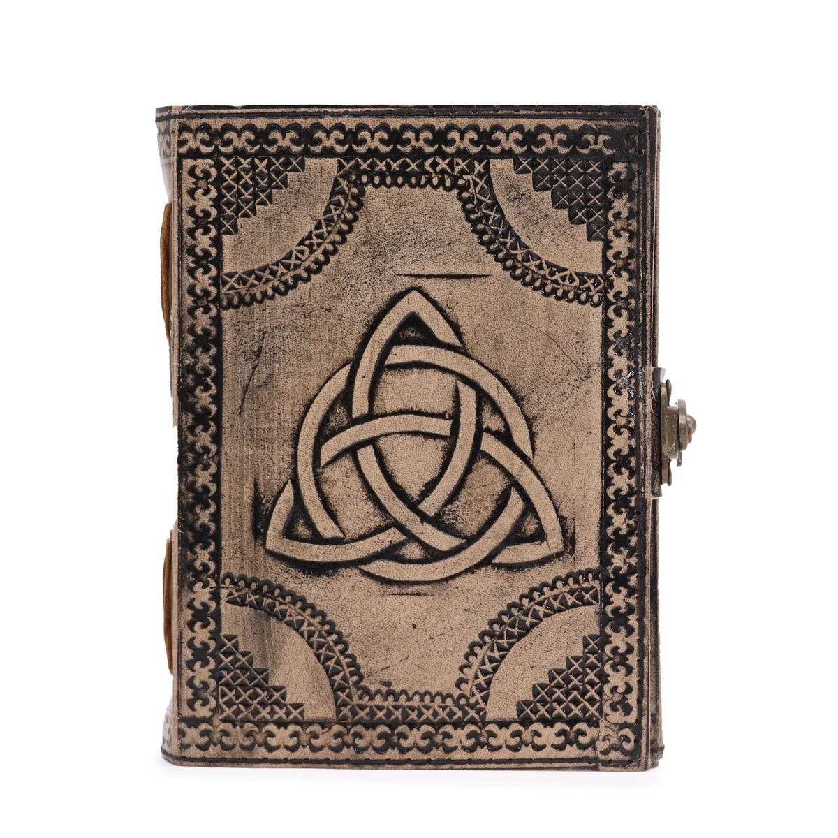 Antique grey esoteric notebook with circle triquetra design, stitch edge, 200 pages, 17.5x12.5x3cm size