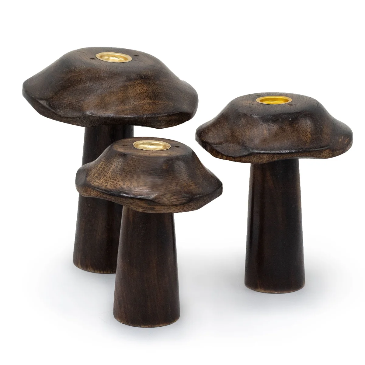 Set of 3 flat incense cone mushrooms in sizes 13cm, 12cm, and 11cm arranged together on a white background