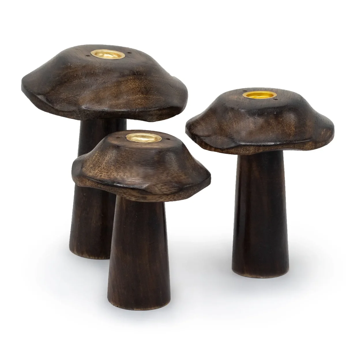 Set of 3 incense cones shaped like flat mushrooms in sizes 13cm, 12cm, and 11cm on white background