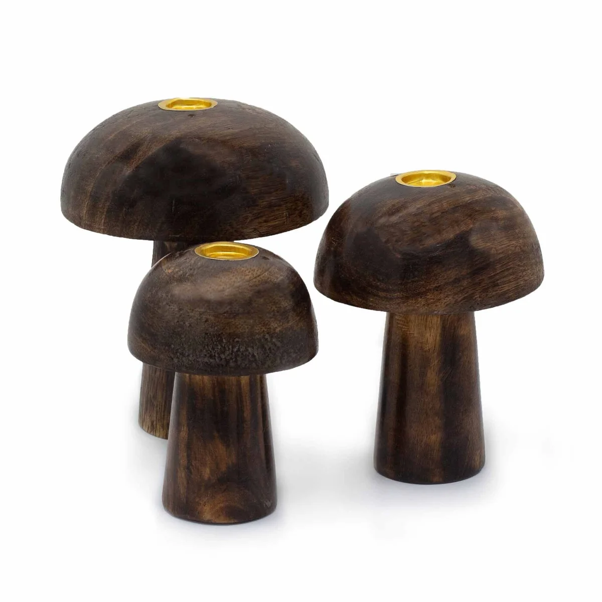 Set of 3 incense cone mushrooms in varying sizes 10cm, 9cm, and 8cm displayed together on a white background