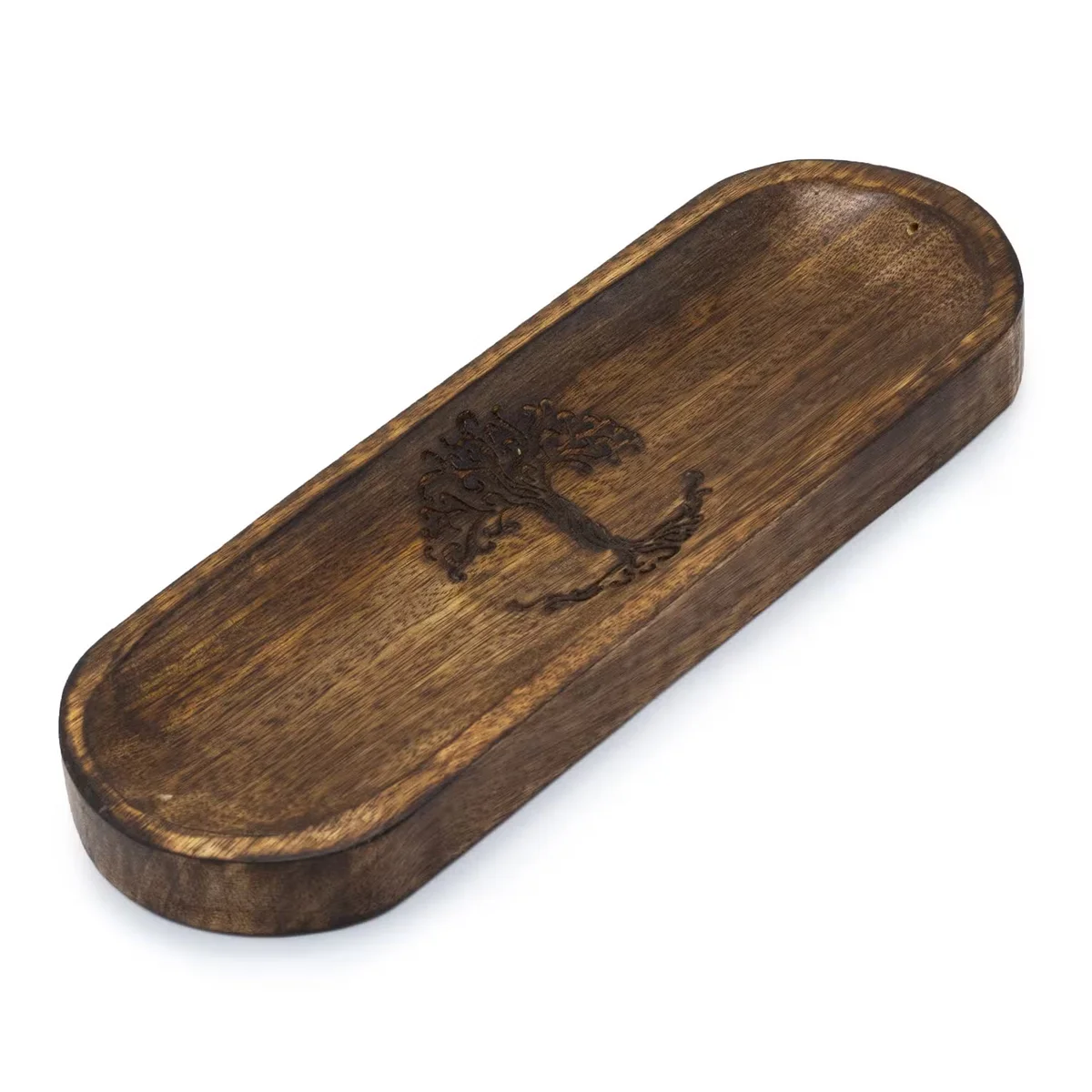 Wooden incense tray with Tree of Life design, 30x10cm.