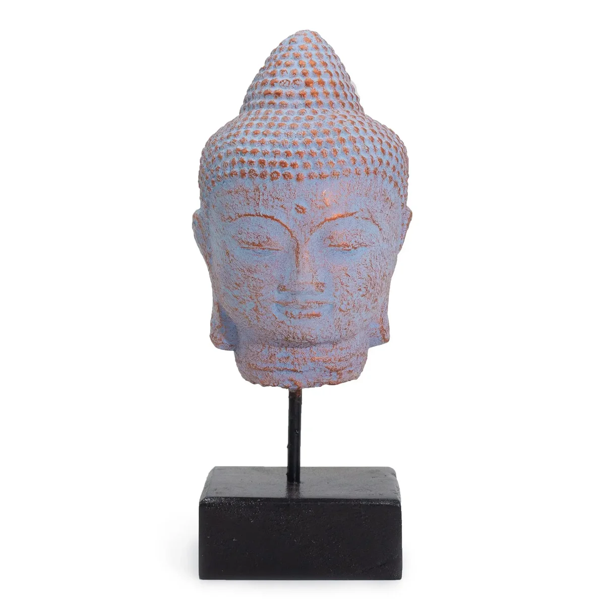 Blue copper Buddha statue head on a stand with a serene expression and textured finish