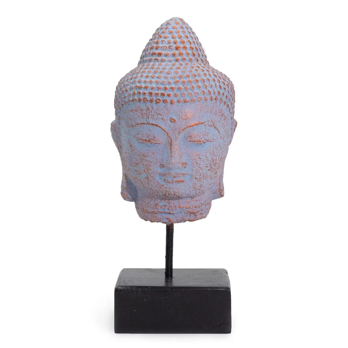 Blue copper Stillness Buddha head on stand, meditation decor ornament with detailed facial features and serene expression