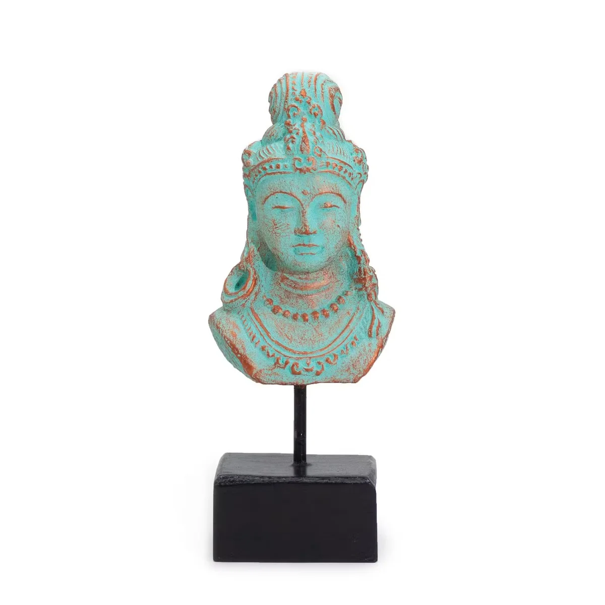 Green copper Lucky Java Princess on a stand display ornament shown on a plain background