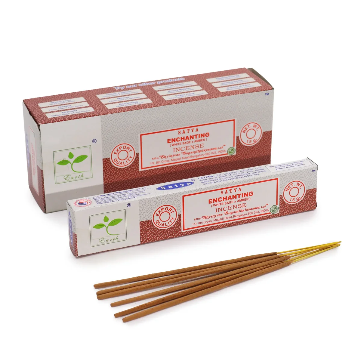 Satya 15g white sage incense stick on a plain background.