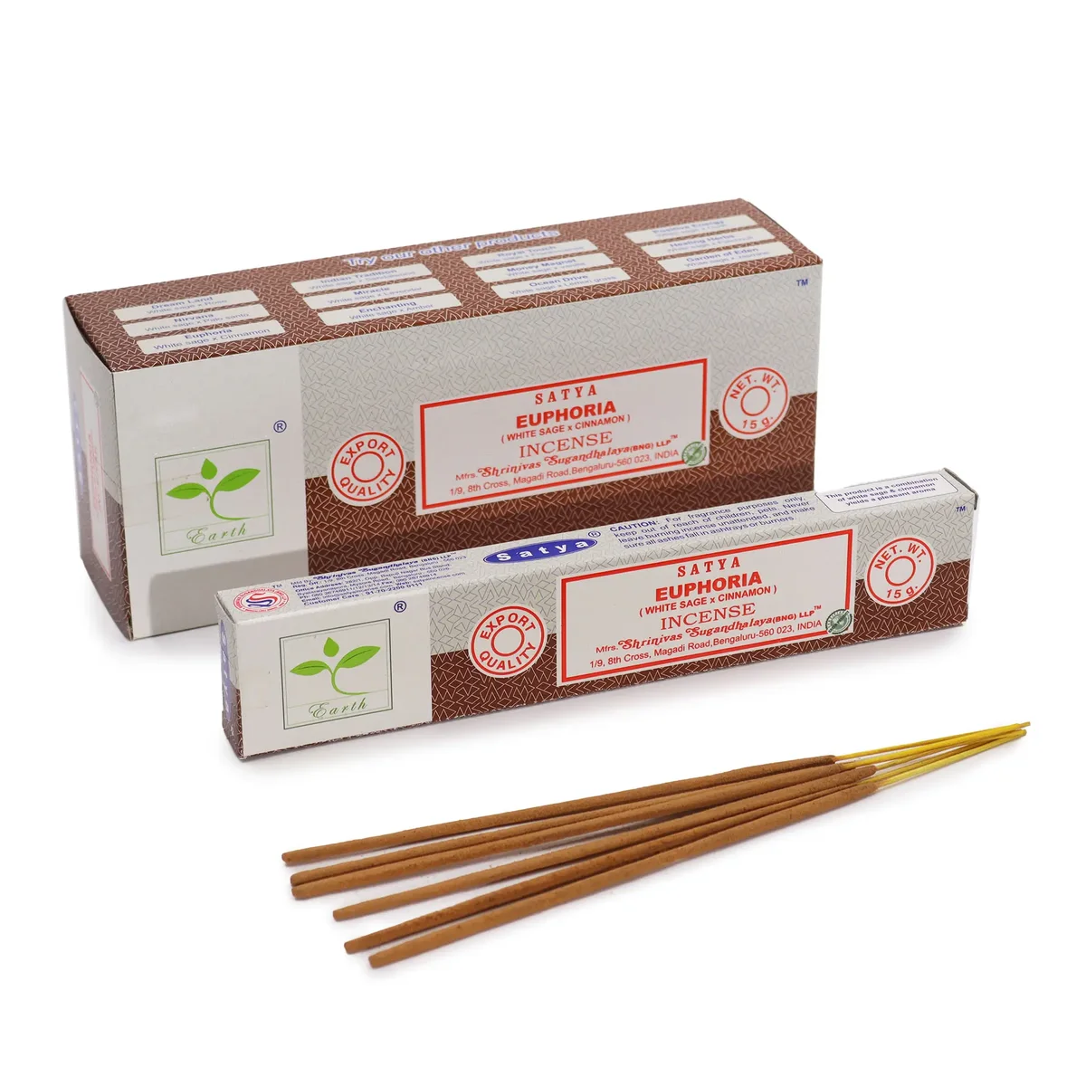Satya incense 15gm Euphoria white sage and cinnamon sticks displayed side by side
