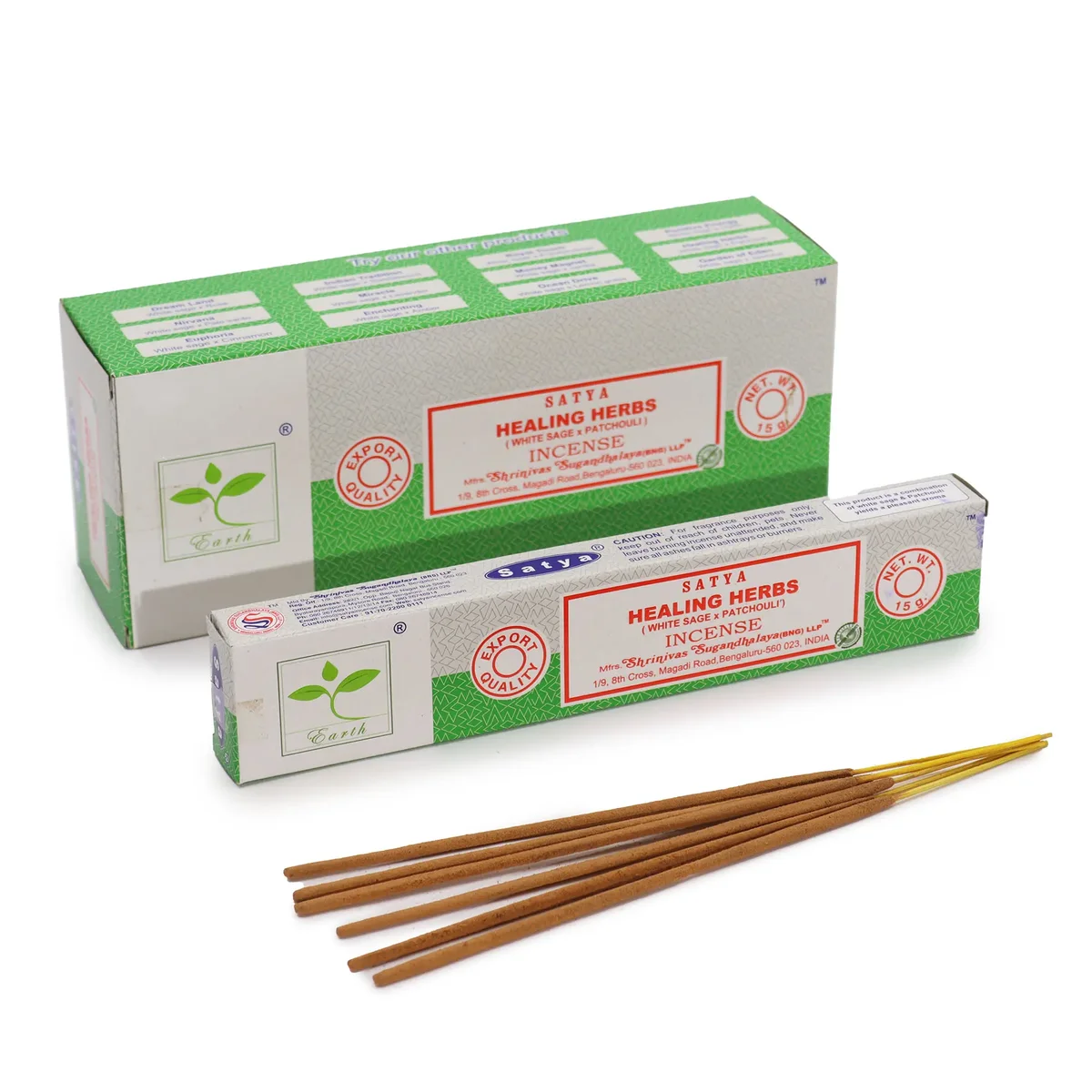 Satya incense sticks in a white package featuring white sage and patchouli labels, bright packaging and bamboo sticks.