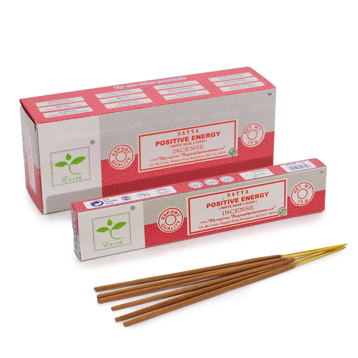 Satya incense 15gm sticks with white sage and oud fragrance in display.