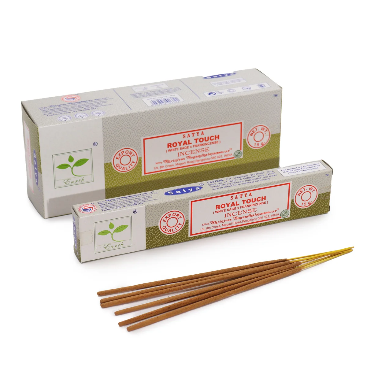 Pack of 15g Satya Royal Touch incense sticks, white sage and frankincense incense, product label.