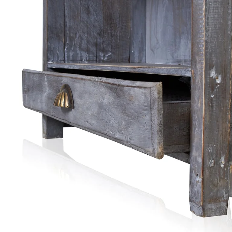 Greywashed candle display rack with rectangular base, integrated cable and slots for dinner candles.