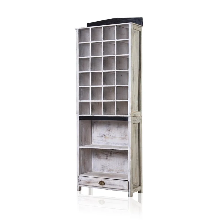 Whitewashed dinner candle display stand featured with three open candles.