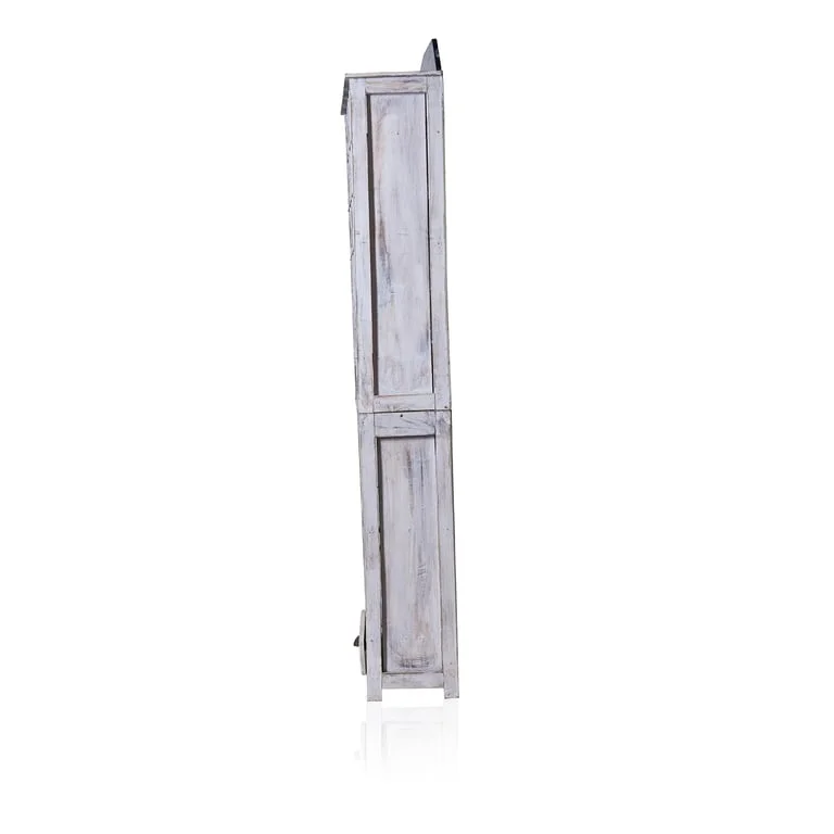 Whitewashed dinner candle display stand with a subtle wooden frame holding four white tea light candles.