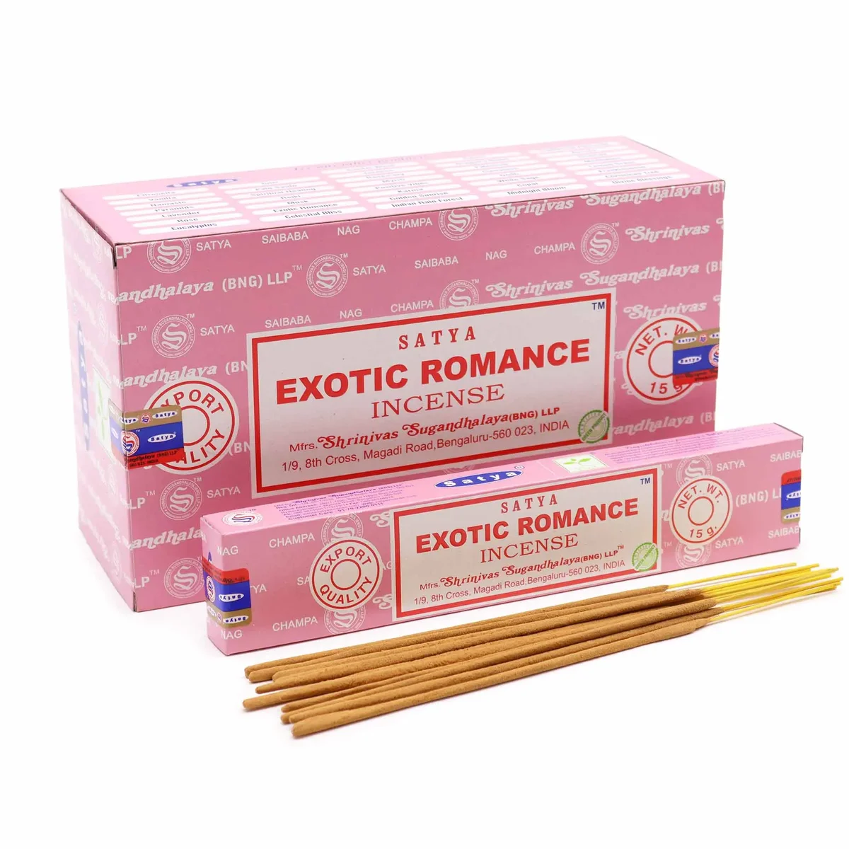 Satya Incense Sticks 15g, exotic romance fragrance in a packed bundle.