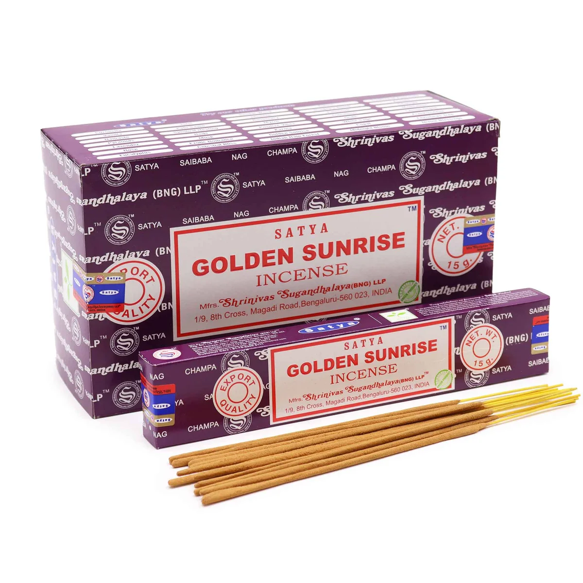 Pack of Satya 15g incense sticks, Golden Sunrise scent, packaged in a small wooden box.