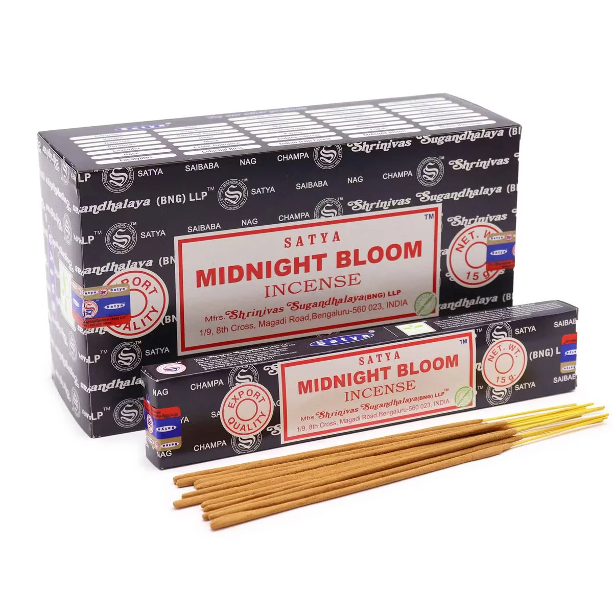 Satya Midnight Blossom incense sticks, 15g, bundled display of fragrant incense sticks.