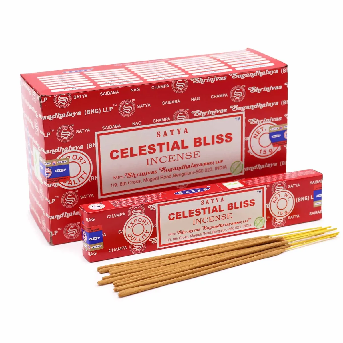 Box of Satya incense sticks 15g, celestial bliss scent, neatly arranged sticks with product label.