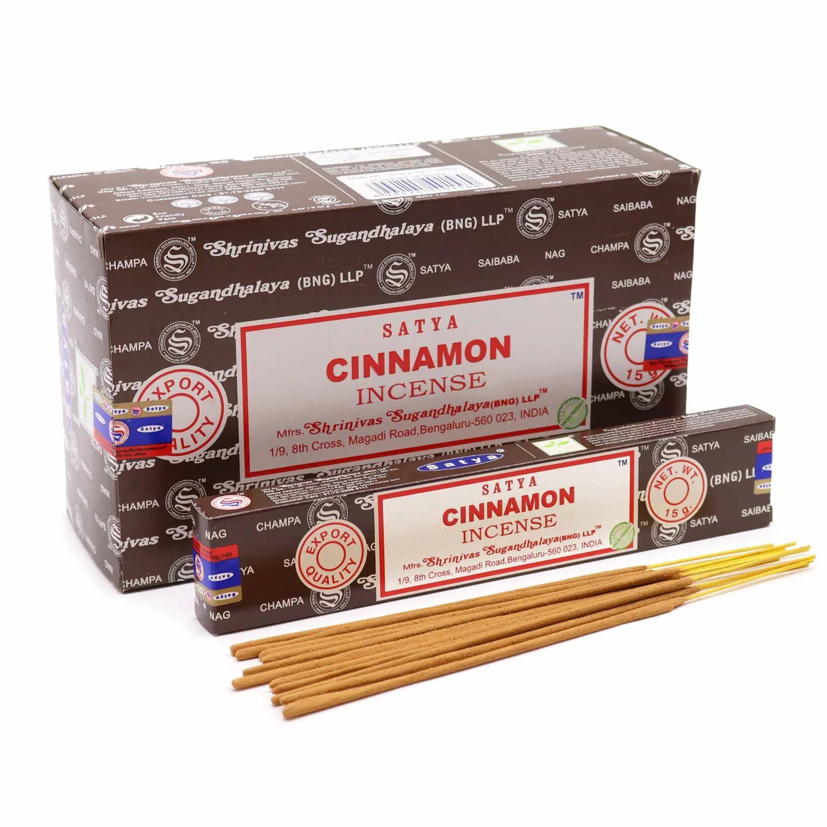 Bundle of cinnamon incense sticks wrapped in paper, showing the Satya 15g package.