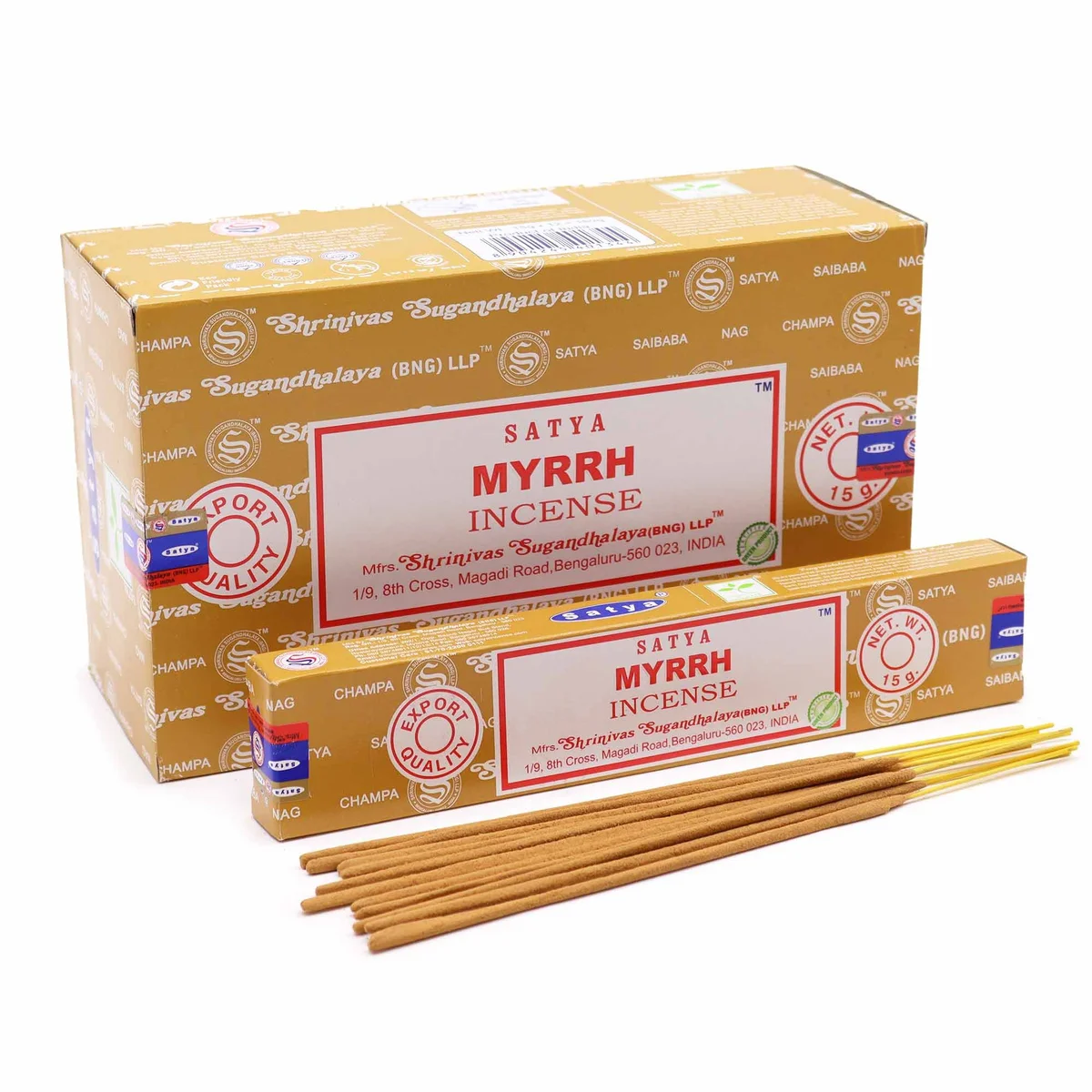 Pack of Satya myrrh incense sticks in a small bag.