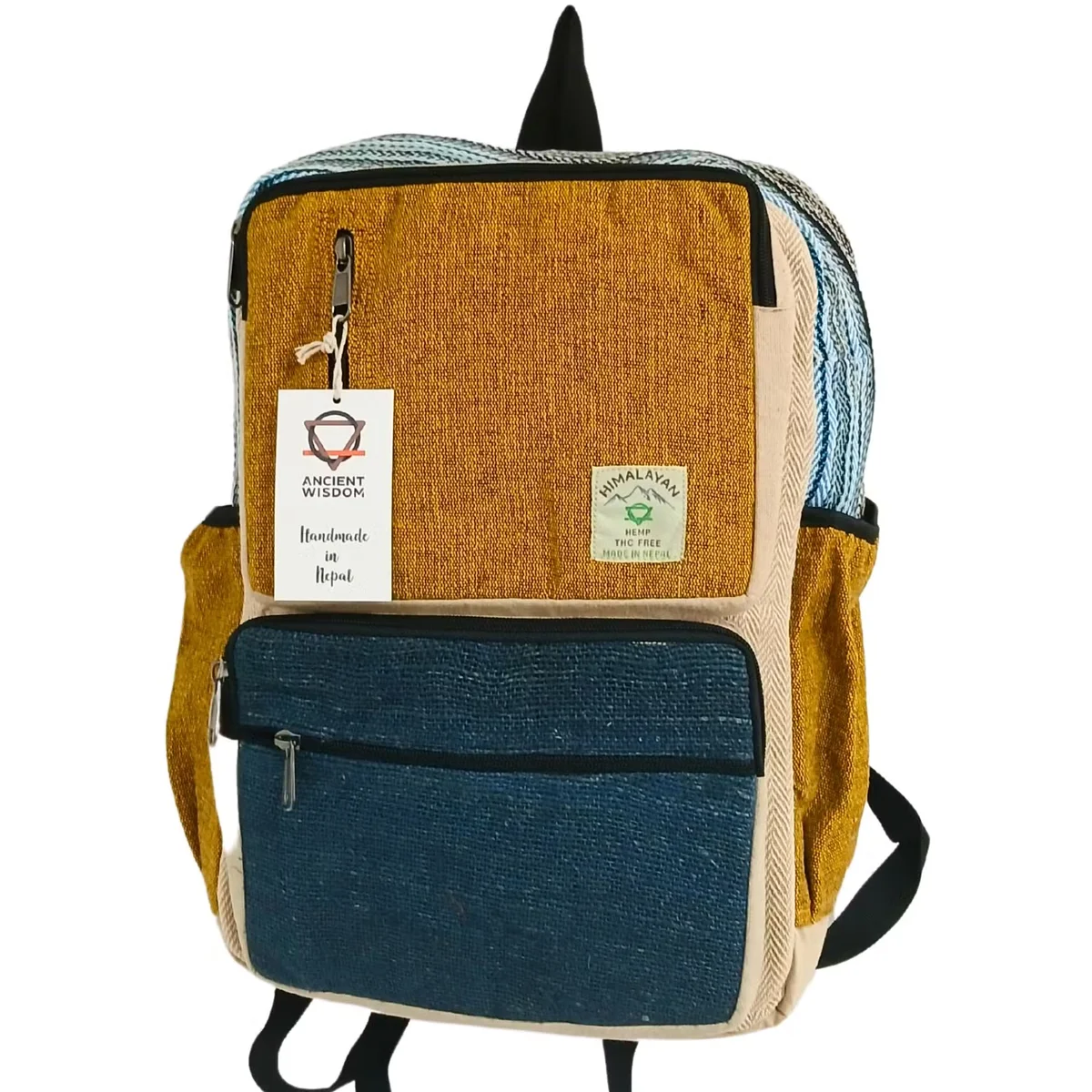 Large boxy hemp backpack in teal and turmeric colors.