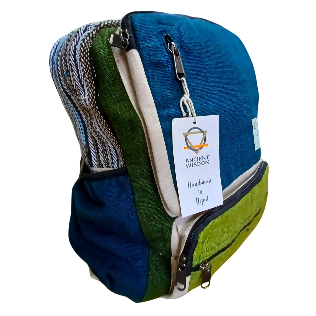 Large hemp backpack in teal and sage, boxy design shown.