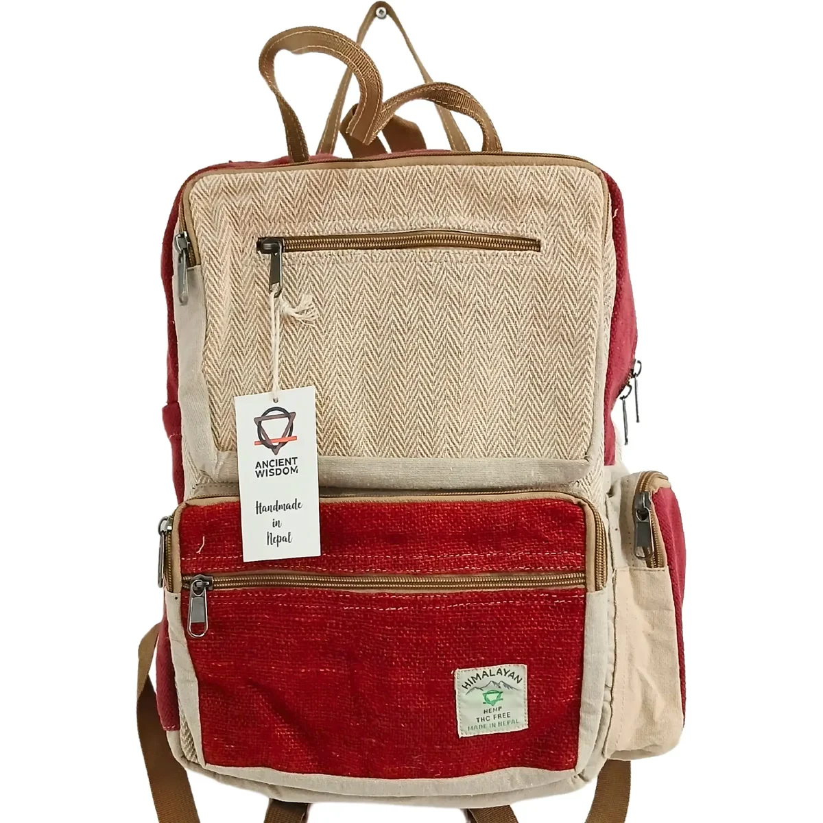 Large boxy hemp backpack in wine & cream, rectangular shape with rugged hemp fabric