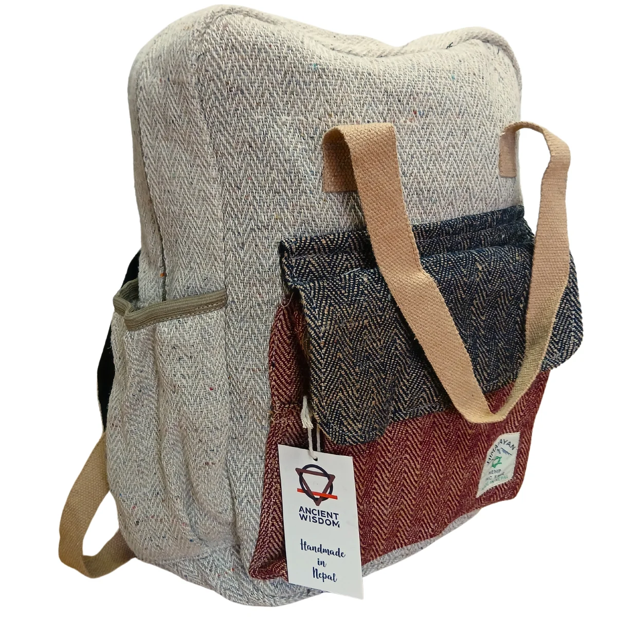 Side view of Kathmandu hemp backpack durable with multiple compartments and adjustable straps for outdoor use